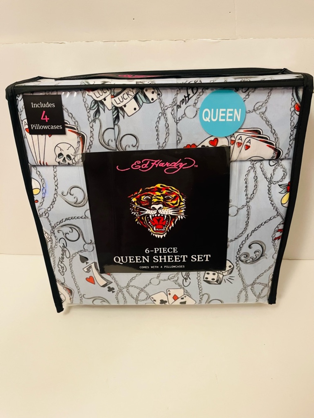 Ed Hardy 6 Piece Queen Size Sheet Set Lucky Seven Dice Playing Cards Aces Skulls